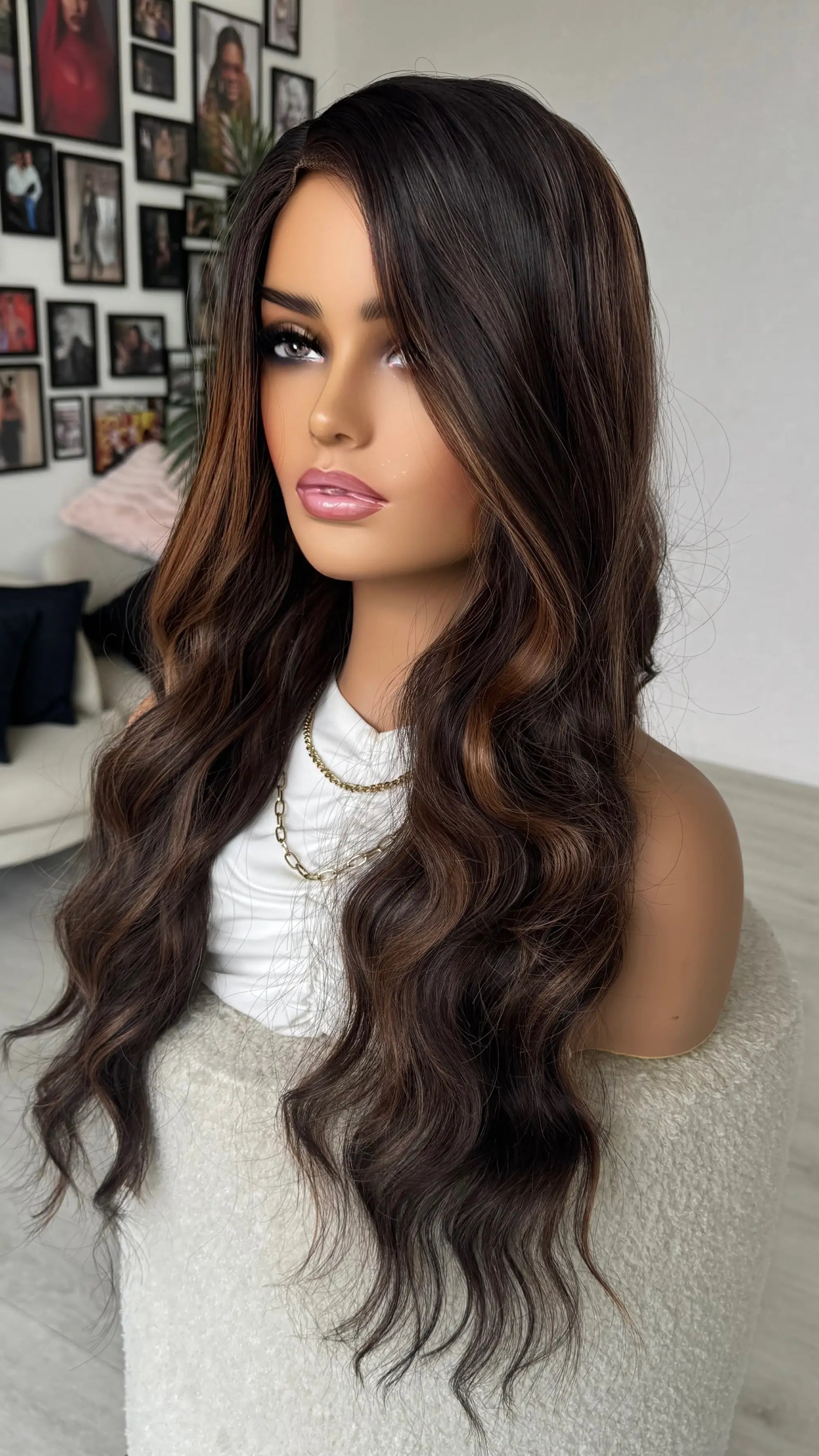 side view visxen wig, long brown hair with highlights. middle part hair.