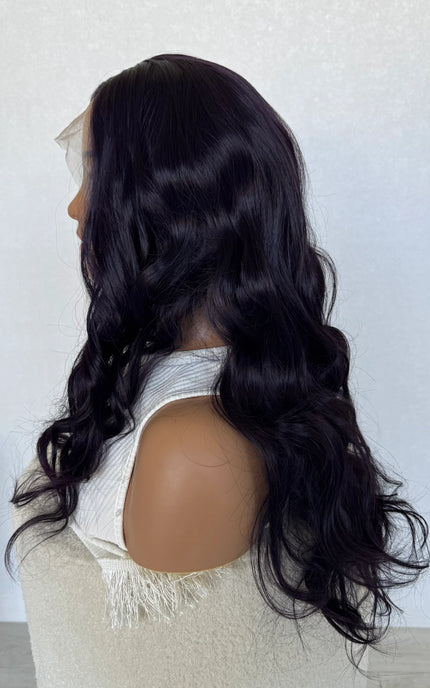lace front wavy purple hair wig, side view, heat safe wig.