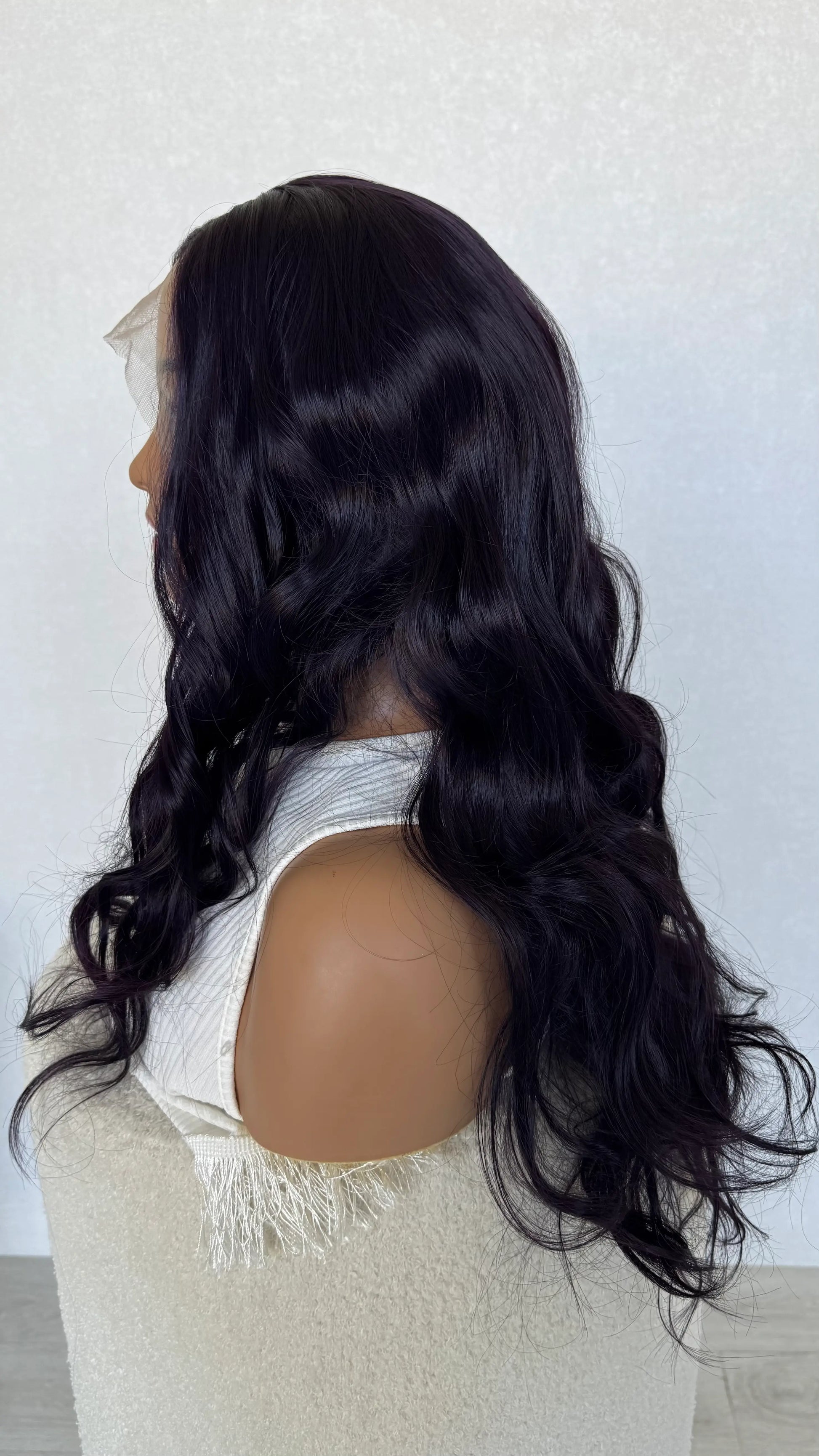 lace front wavy purple hair wig, side view, heat safe wig.