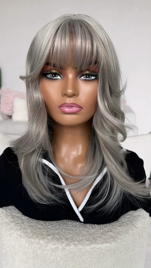 glueless silver layered wig with fringe for women with hairloss, alopecia.