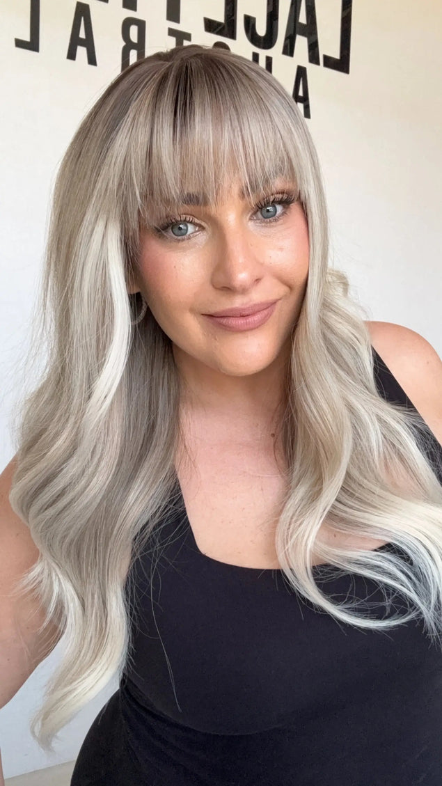 middle part silver ombre, fringe synthetic topper, heat safe and glueless.