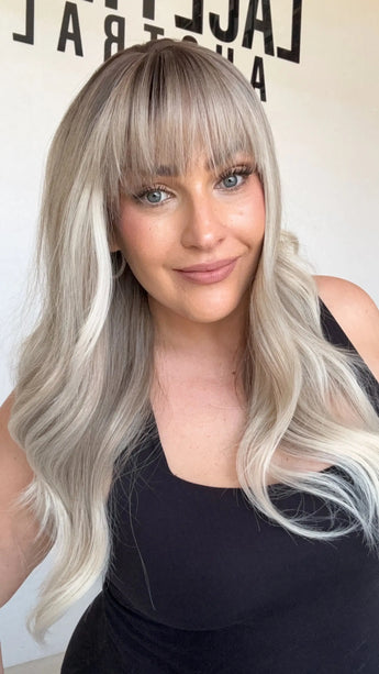 middle part silver ombre, fringe synthetic topper, heat safe and glueless.