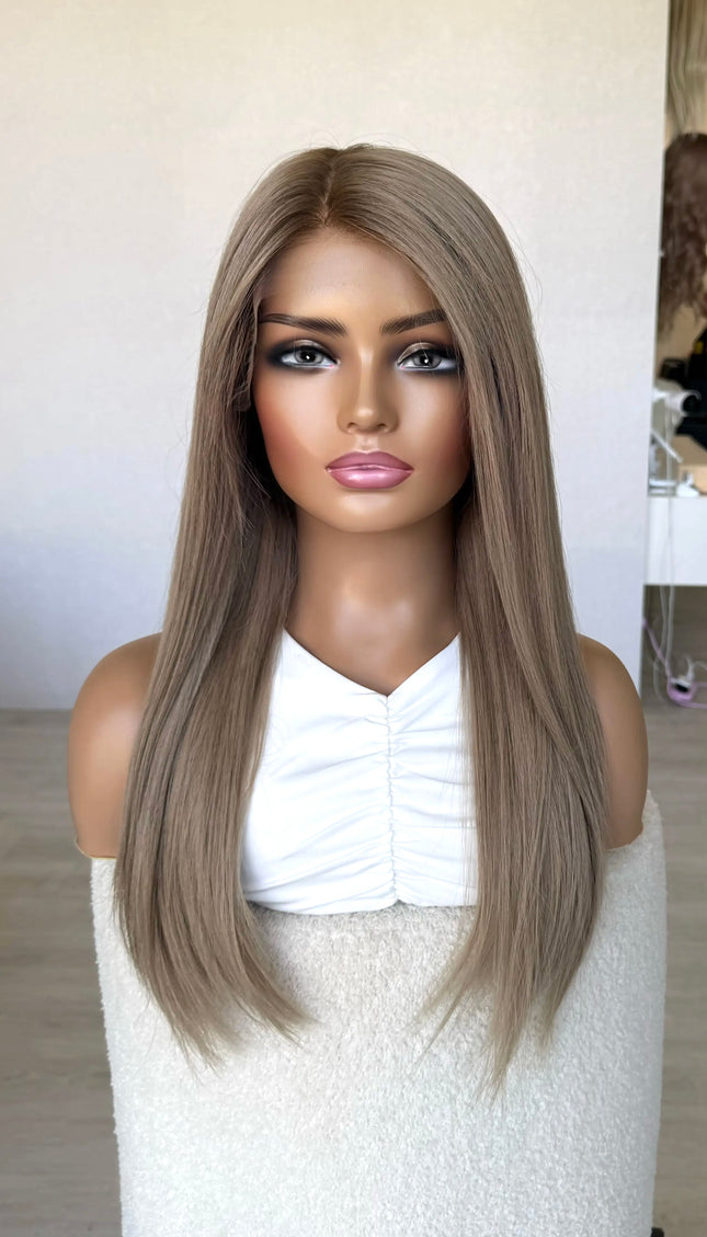 ash blonde silver hair, slight dark root, middle part, lace front wig australia. medical lace front wig.