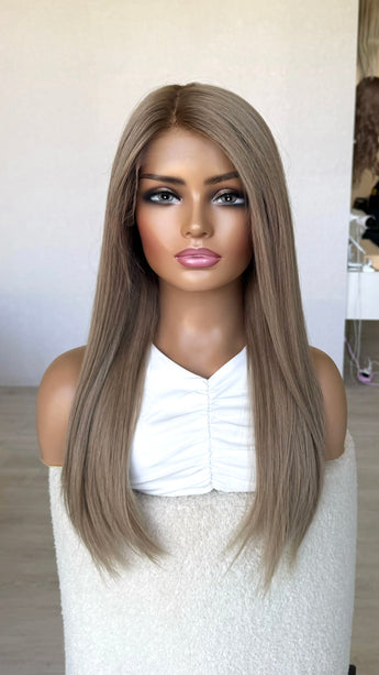ash blonde silver hair, slight dark root, middle part, lace front wig australia. medical lace front wig.