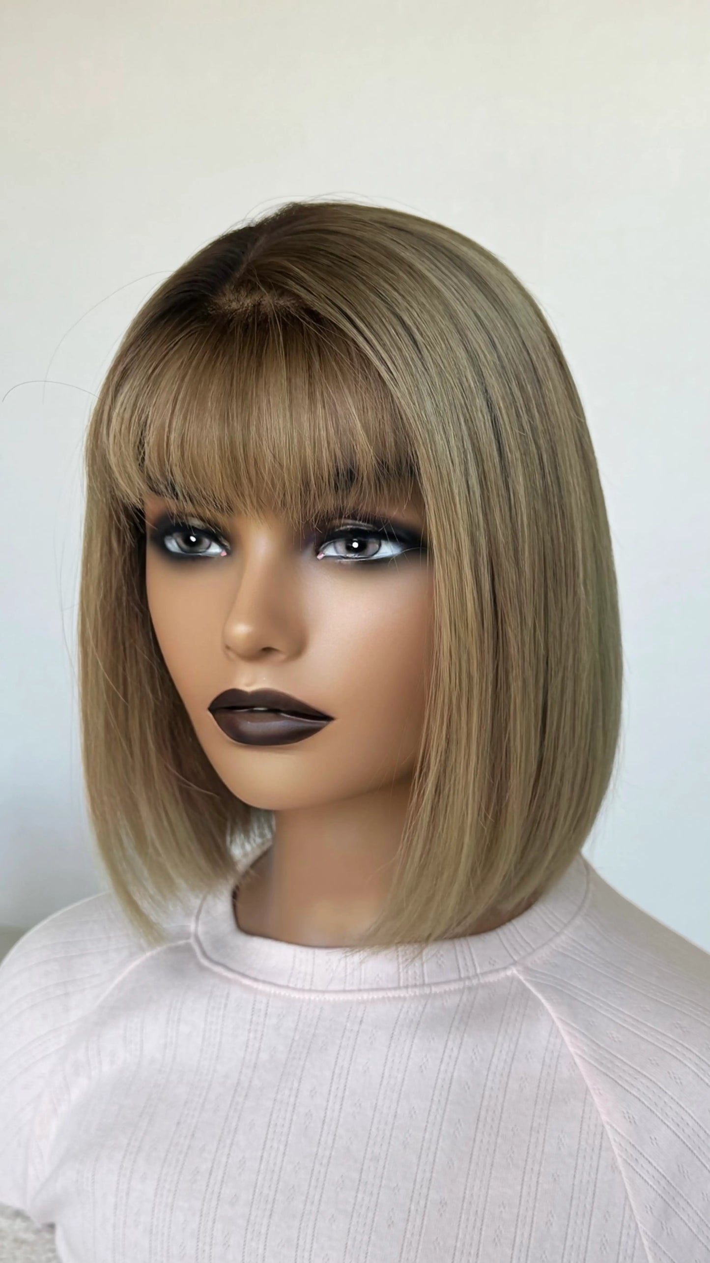 human hair sale wig, 12 inch length, small size with middle part and fringe cut.