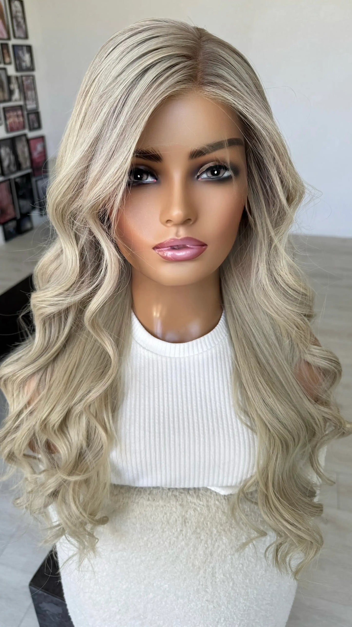 medical lace front wig top view, lowlighted platinum blonde hair wig, australia wigs, curled blonde hair.