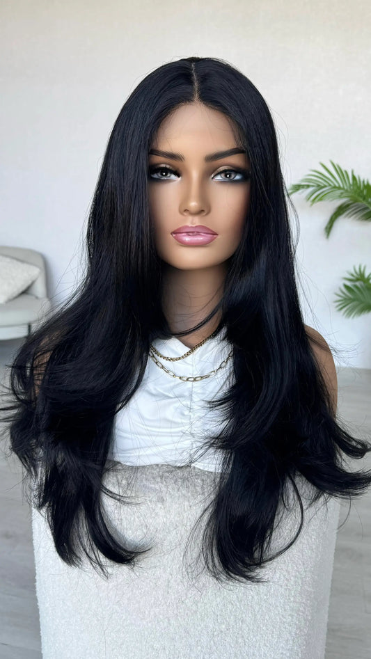 middle part with long layers, black lacefront wig synthetic hair.