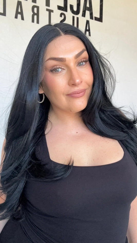 heat safe black hair synthetic wig, layered hair, middle part, australia synthetic wigs.