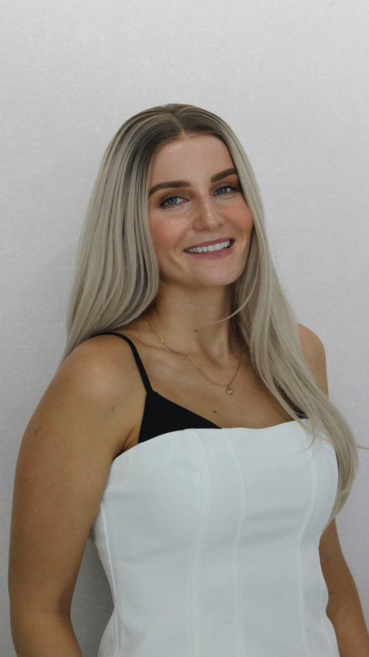 stardust lacefront synthetic layered, ombre pearl blonde with darker root.
