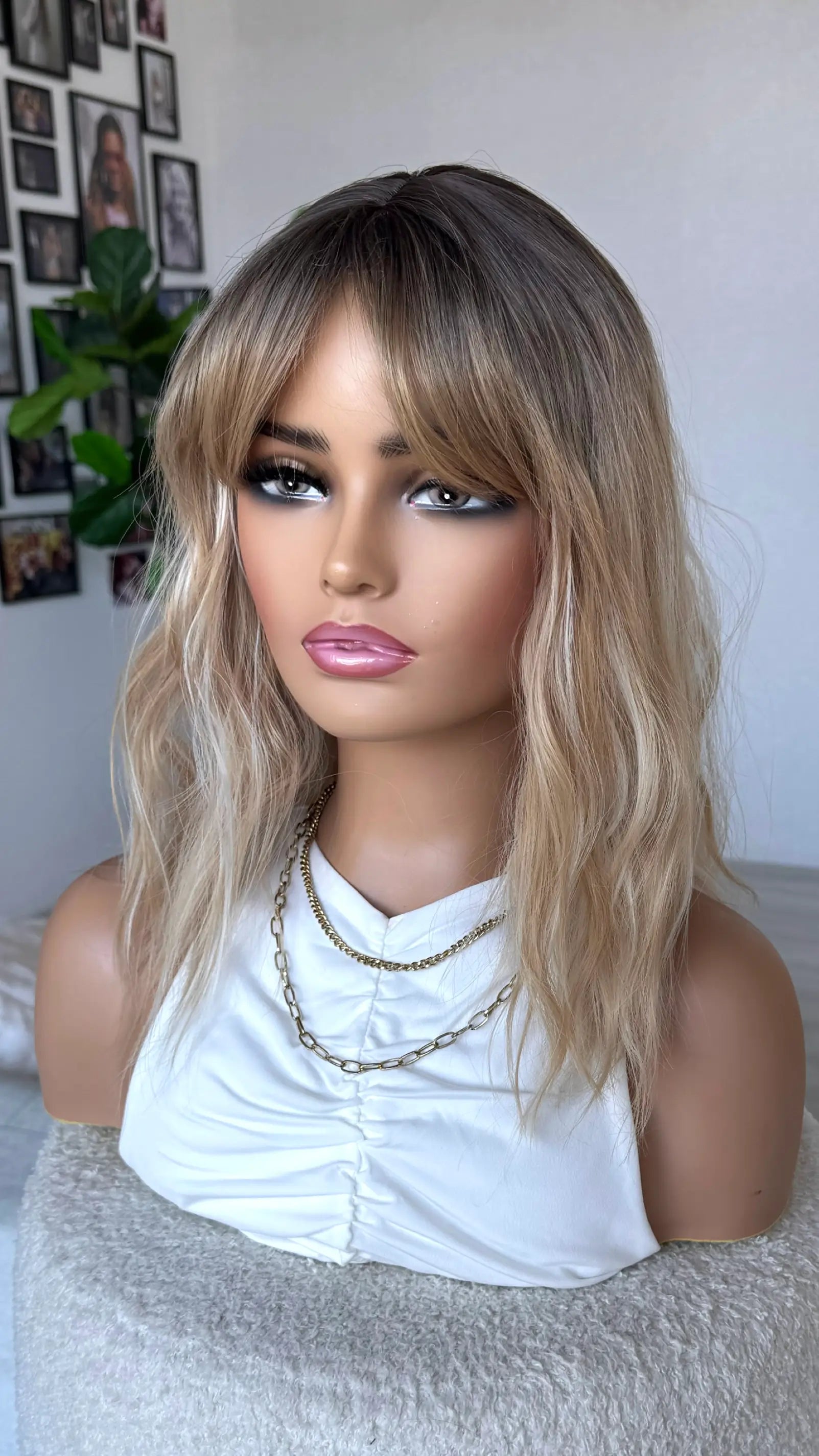 side on view, mixed blonde ombre fringe wig. heat safe synthetic hair, natural wig australia.
