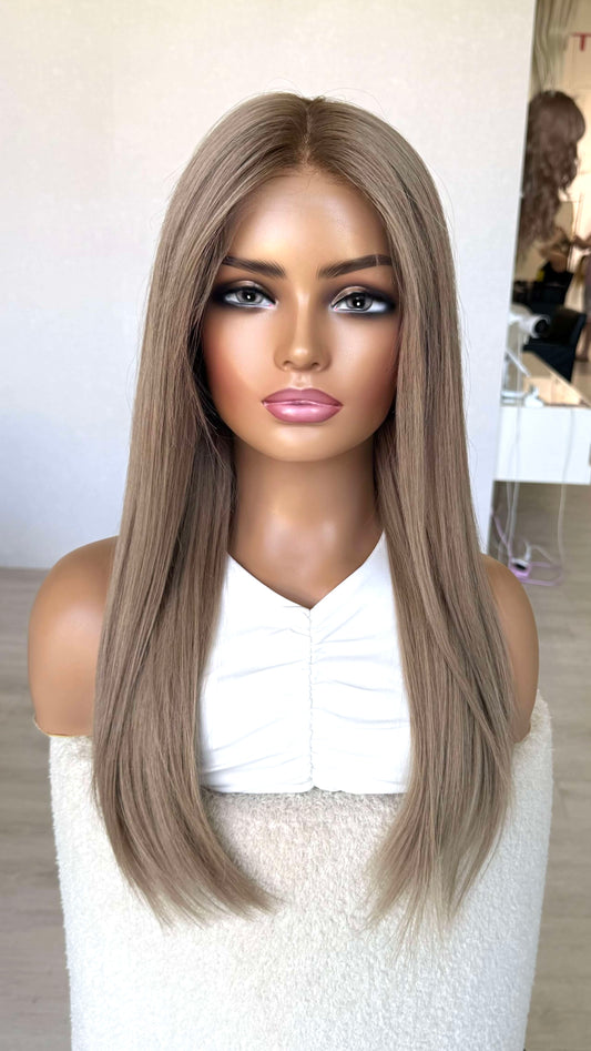 ash beige blonde hair, slight root, straight hair styling. medical lace front wig.