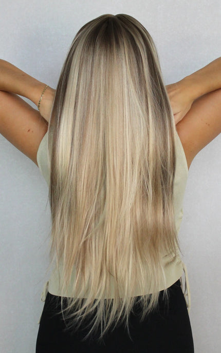 synthetic wig from the back, showing natural hair colours. long length hair, heat safe. 