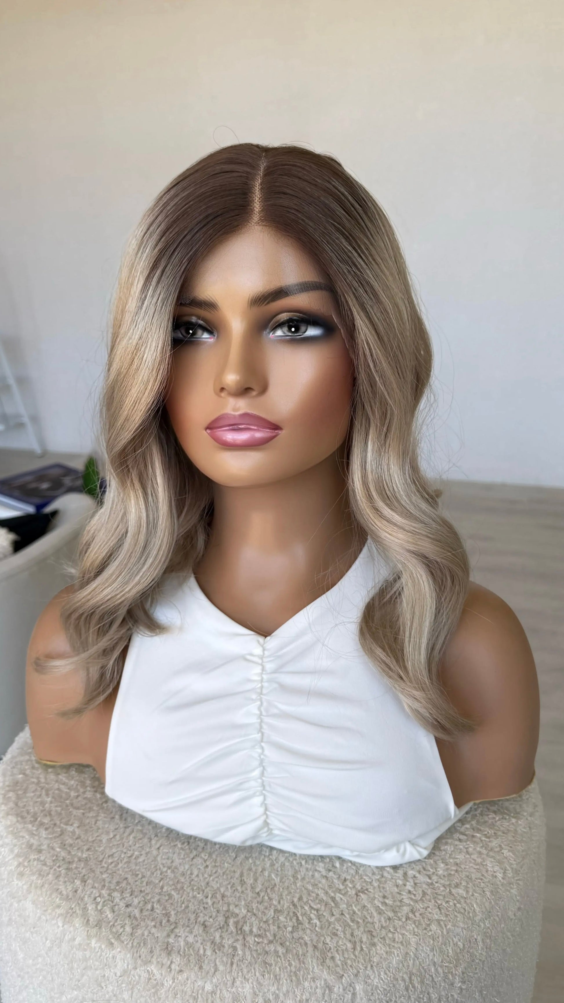 darker root to sandy ash blonde colour, dark root, wavy hair heat safe synthetic wig australia.