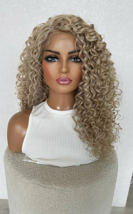 blonde curly lacefront t-part wig, heat safe synthetic wig australia.