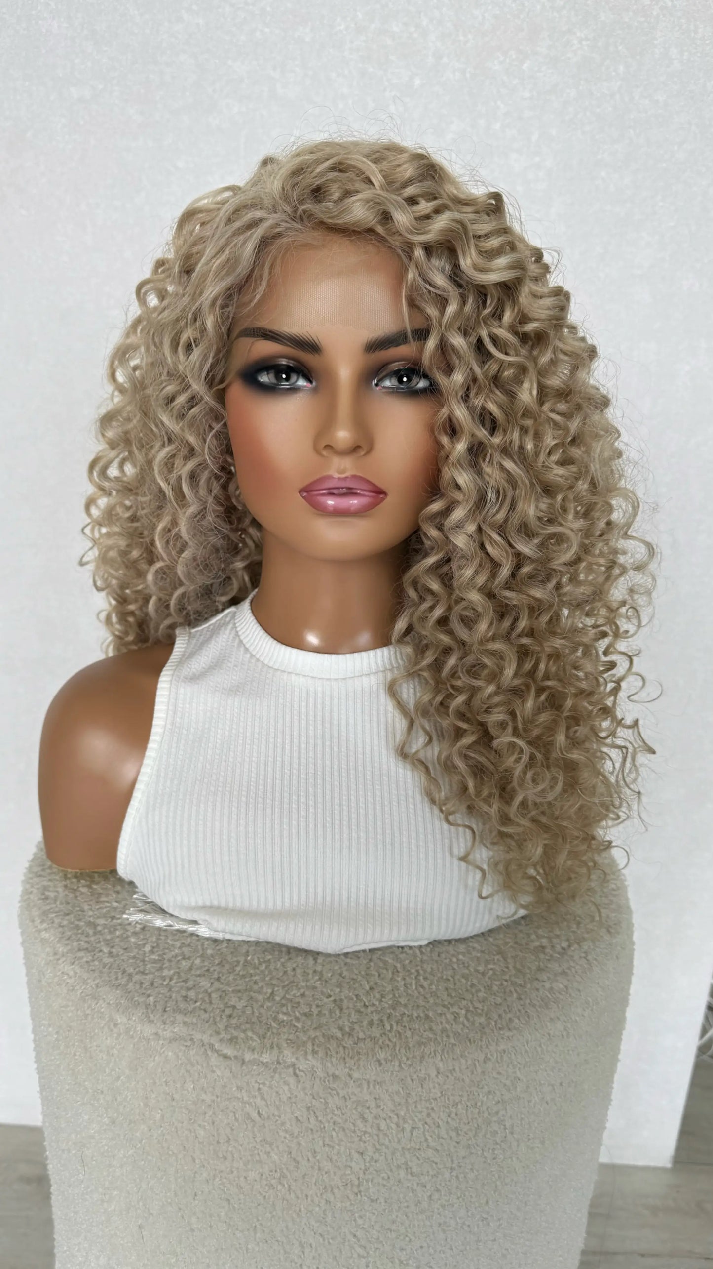 blonde curly lacefront t-part wig, heat safe synthetic wig australia.