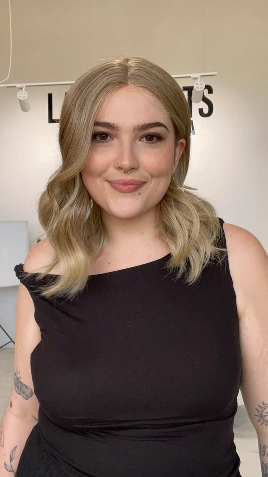 wavy sandy blonde wig, 12-14 inch with middle part, heat safe hair, synthetic wig gold coast, australia.