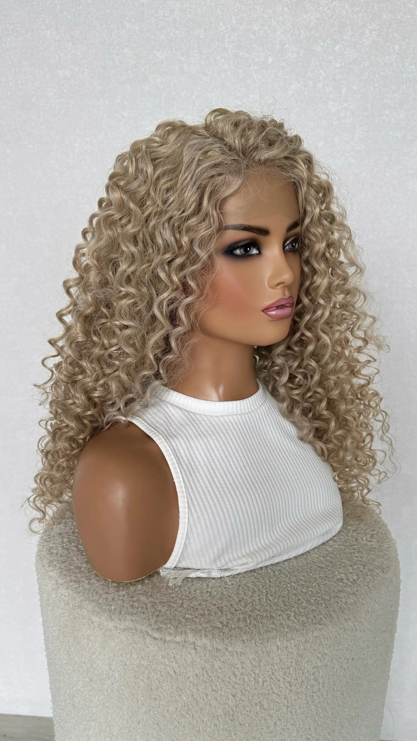 t-part lacefront curly wig, middle part, 20-23 inches.