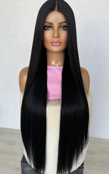 long black hair middle part, 28-30 inch length. glueless synthetic hair.
