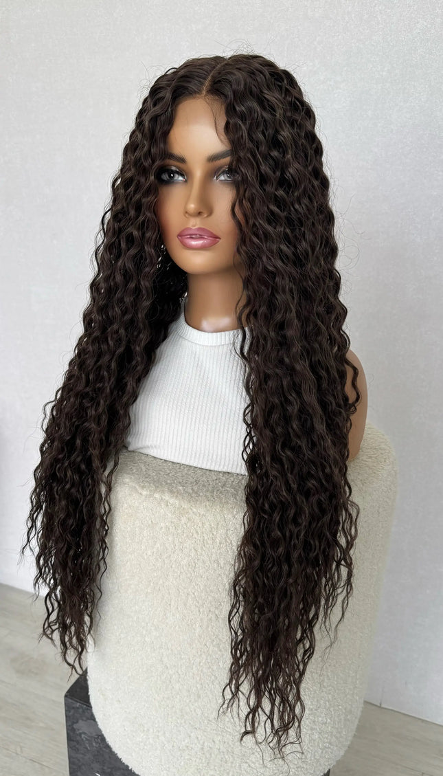 brunette curly hair wig, middle part long hair 26 inch wig.