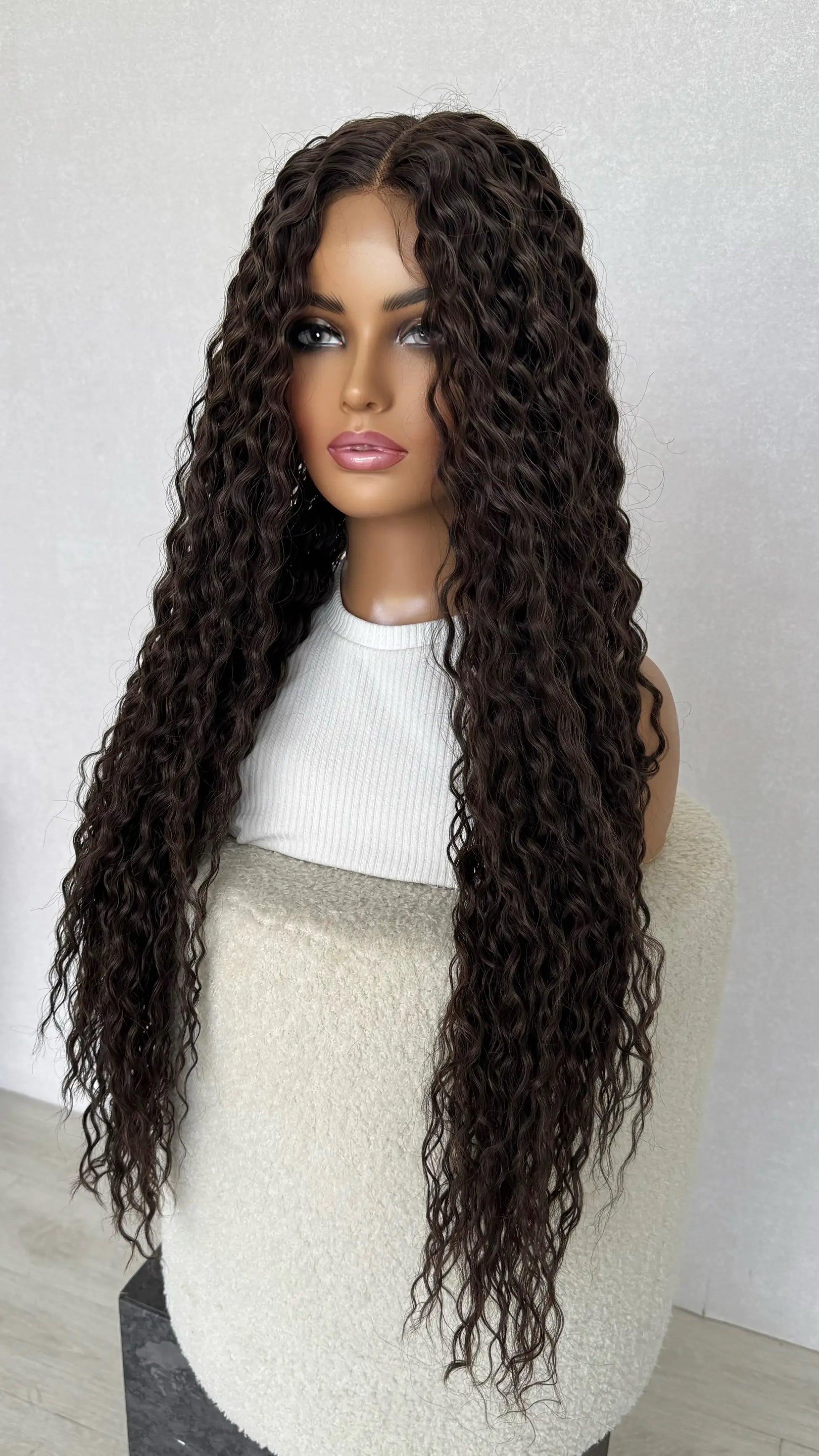 brunette curly hair wig, middle part long hair 26 inch wig.