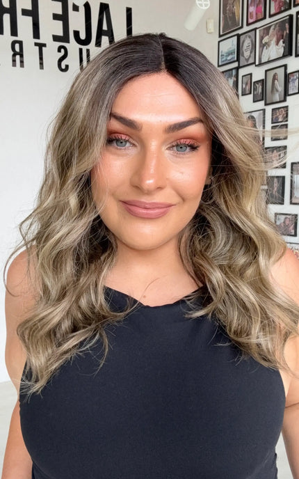 synthetic wig australia, heat safe and glueless wig, dark root to brunette.
