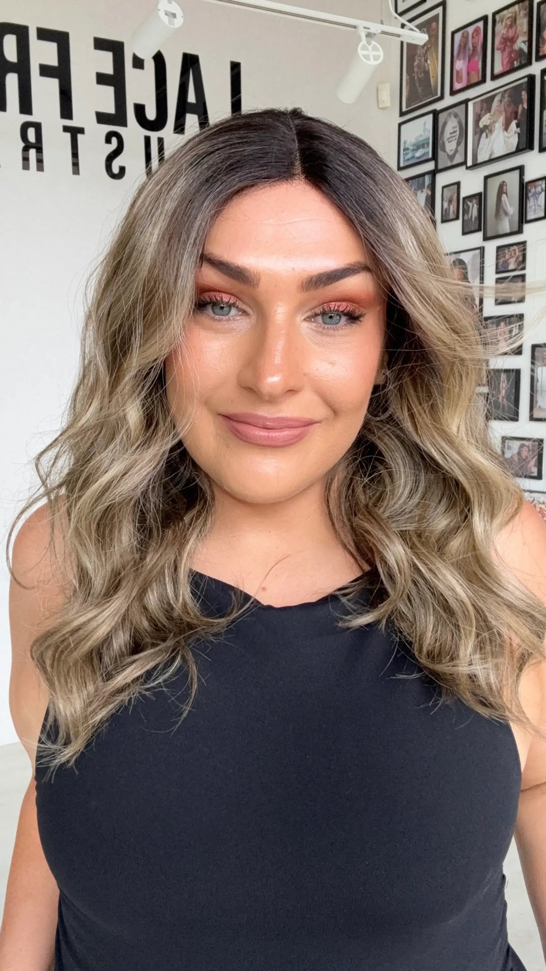 synthetic wig australia, heat safe and glueless wig, dark root to brunette.