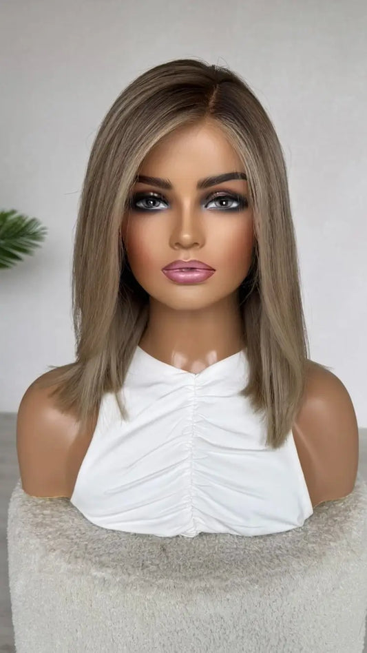 lowlighted multi toned blonde, darker root, slight side part, lacefront wig australia.