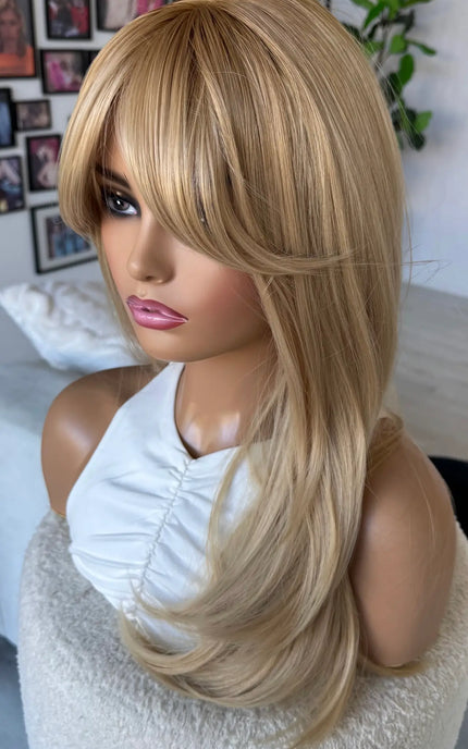 top view, darker warm root to gold blonde, heat safe hair