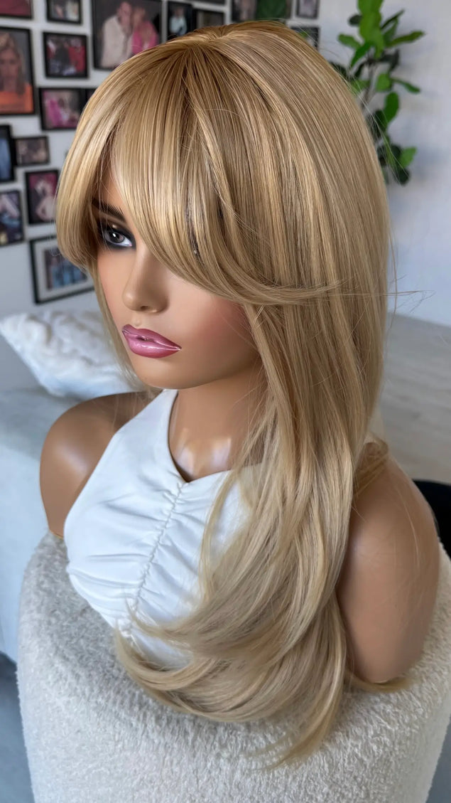 top view, darker warm root to gold blonde, heat safe hair