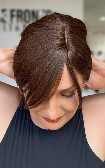 top view showing partline of chocolate brunette short bob wig.