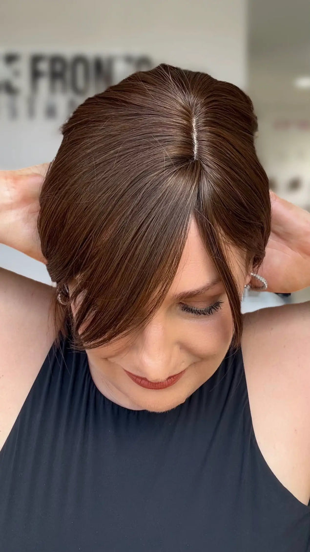 top view showing partline of chocolate brunette short bob wig.