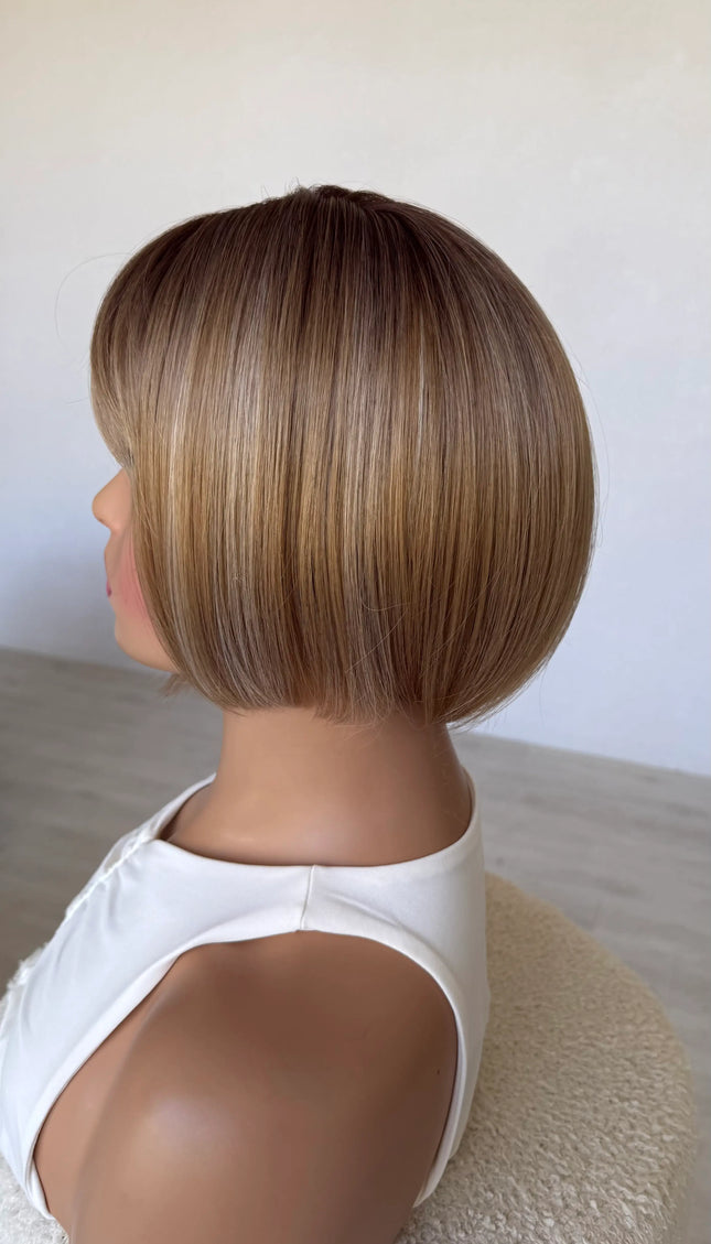 side on view 10 inch bob dark root to honey blonde bob topper