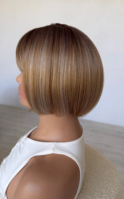 side on view 10 inch bob dark root to honey blonde bob topper