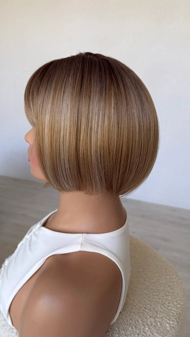 side on view 10 inch bob dark root to honey blonde bob topper