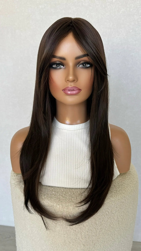 middle part, fringe synthetic wig, long brunette hair, heat safe wig australia.