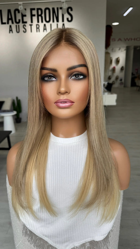 Medical Wig, creamy blonde lacefront wig, middle part, slight darker root.