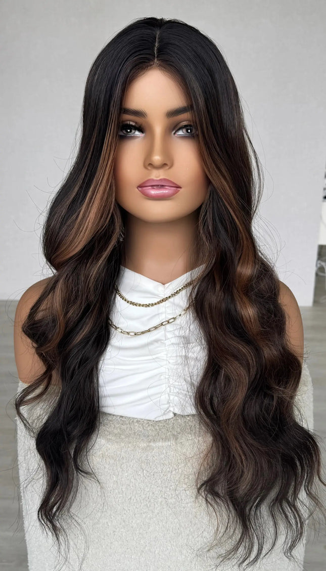 t-part lacefront synthetic wig, dark brown with highlights. australia wigs.