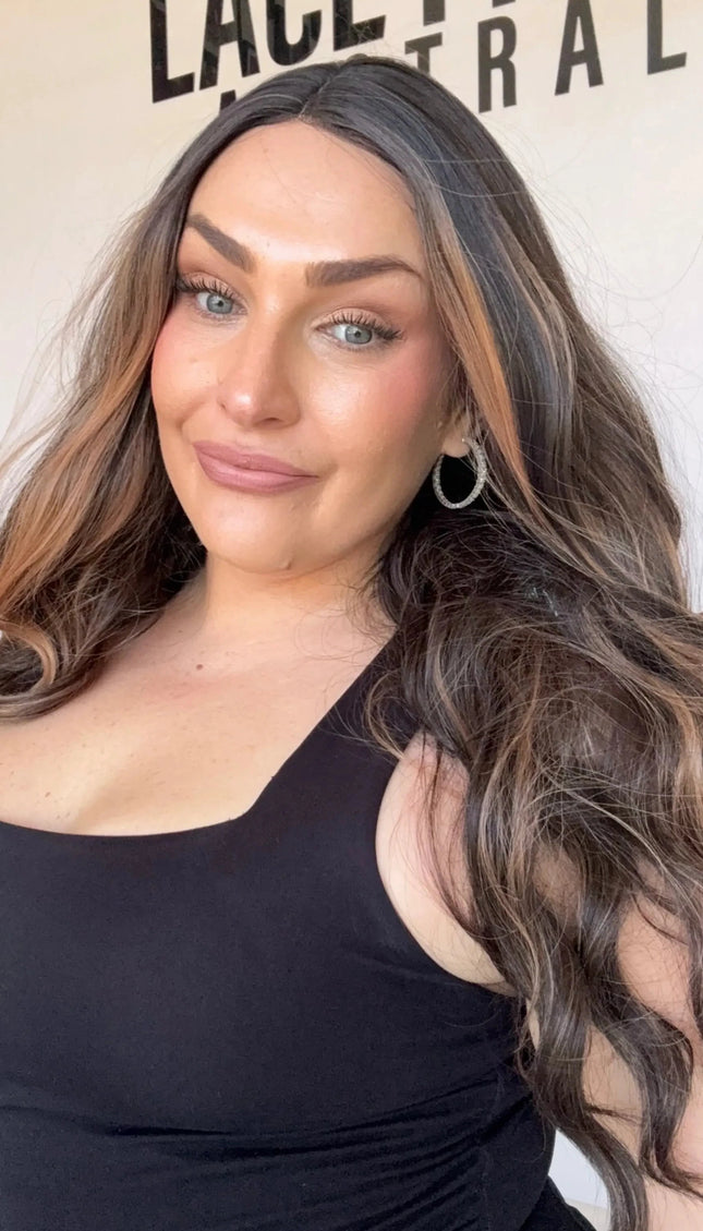 middle part, long dark wavy hair synthetic, heat safe, glueless wig australia.