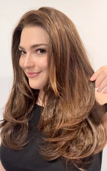 glueless warm brown wig with highlights, lace front heat safe wig, gold coast australia.