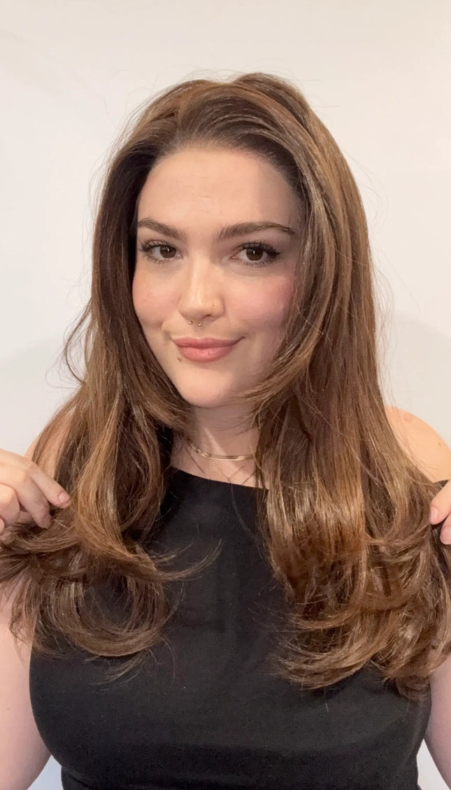 lace front synthetic wig, warm brown with highlights, heat safe wig, gold coast australia.
