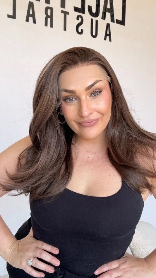 warm brunette lace front wig, heat safe synthetic hair, glueless wig australia.