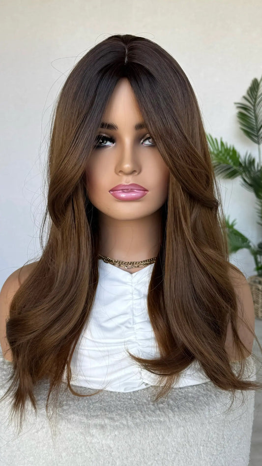 layered brunette wig with curtain bangs, long dark brunette hair with warm ends