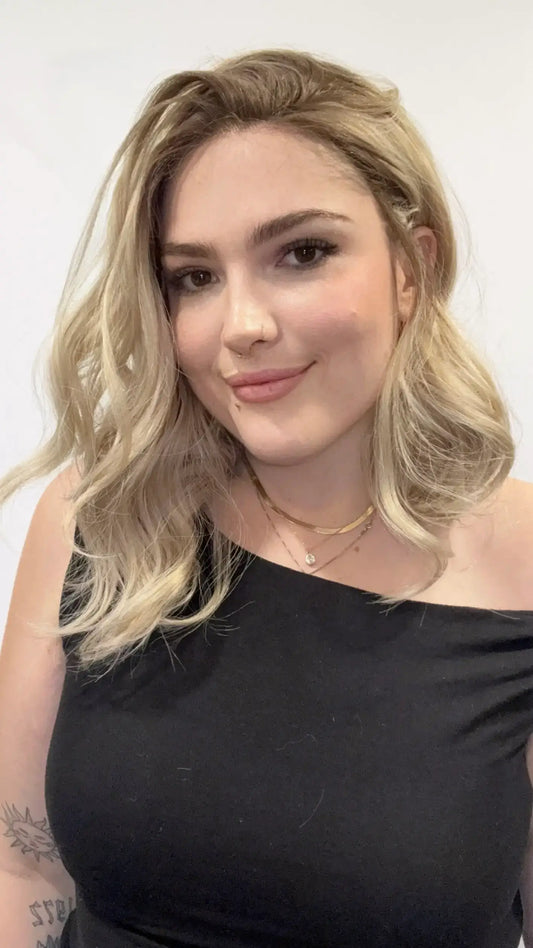 heat safe glueless synthetic wig, darker root to sandy ash blonde hair, gold coast australia.