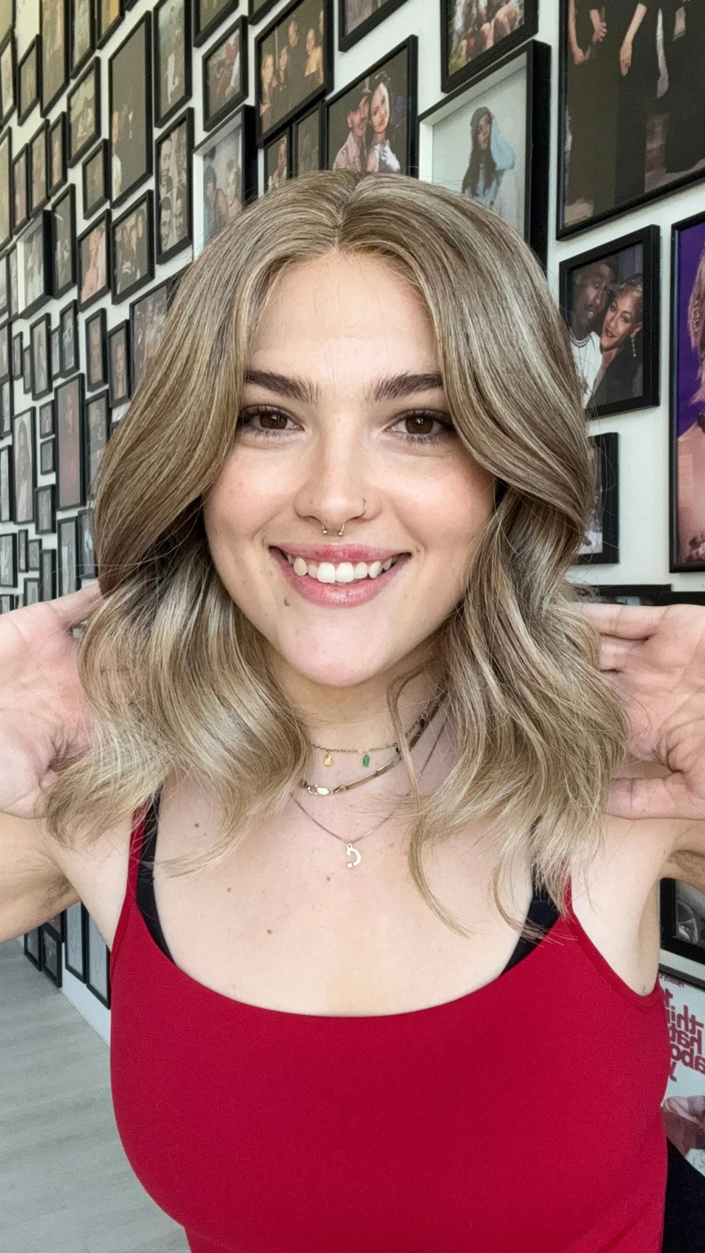 sandy blonde wig, long bob, wavy hair, middle part.