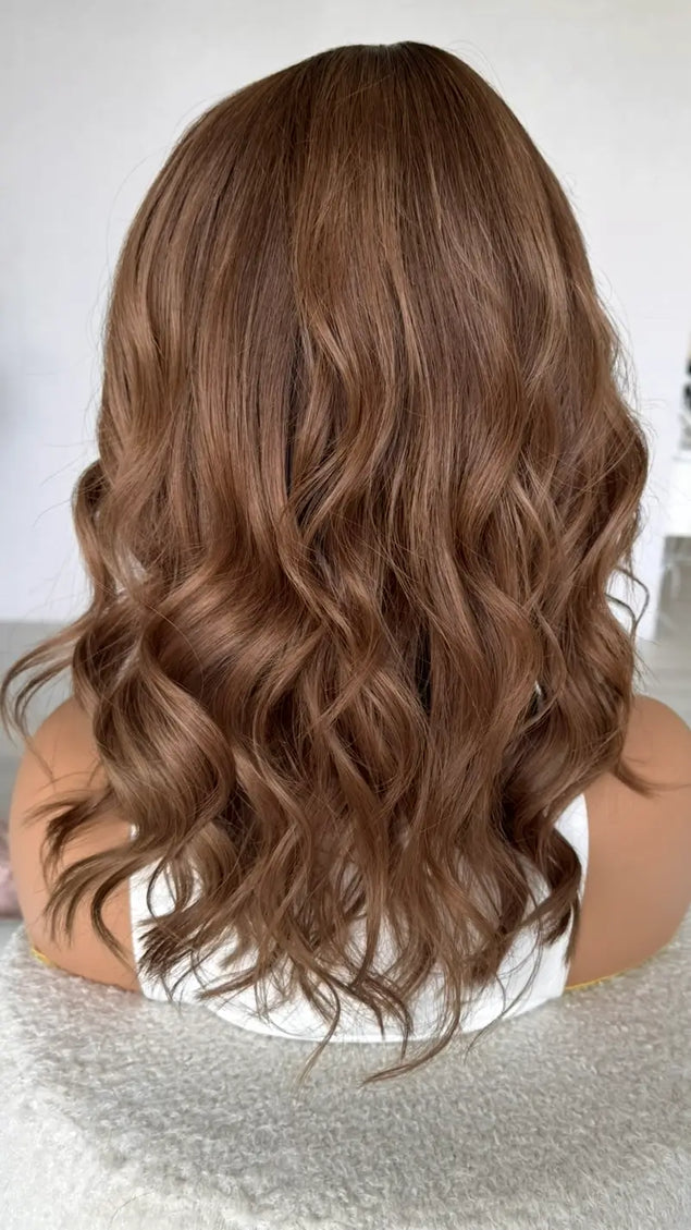human hair brunette lace front wig with glueless cap perfect for hairloss and alopecia.