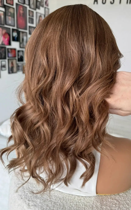 16 inch wavy brunette human hair lace wig for daily wear and hairloss.