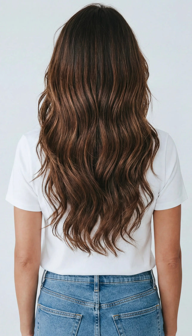 realistic lace front wig with wavy highlighted brunette hair, for women with hairloss, alopecia and chemotherapy.