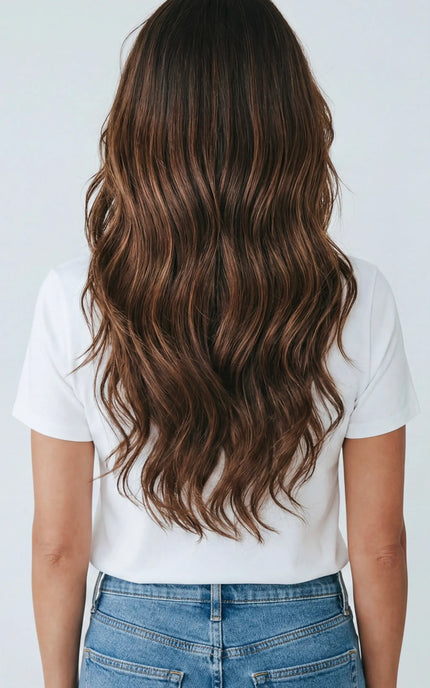 realistic lace front wig with wavy highlighted brunette hair, for women with hairloss, alopecia and chemotherapy.