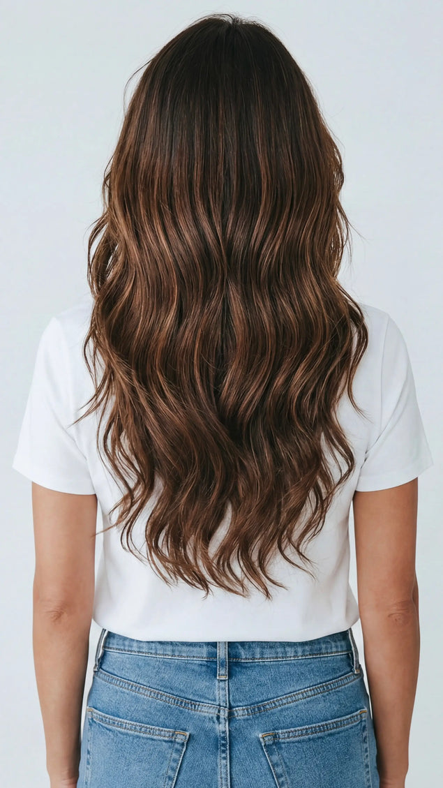 realistic lace front wig with wavy highlighted brunette hair, for women with hairloss, alopecia and chemotherapy.