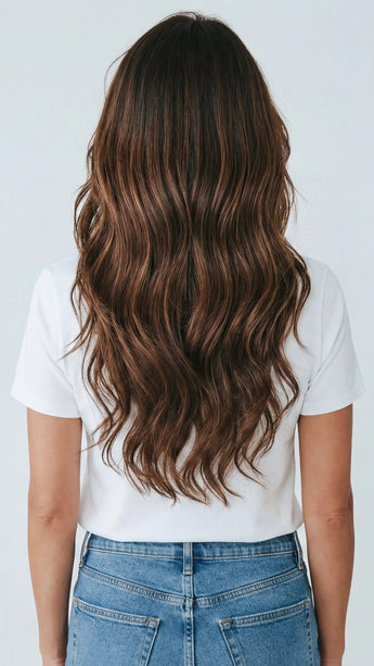 realistic lace front wig with wavy highlighted brunette hair, for women with hairloss, alopecia and chemotherapy.